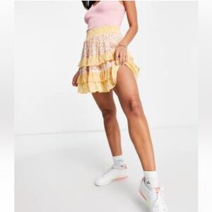 Yellow and Pink Floral Tiered Ruffle Skirt